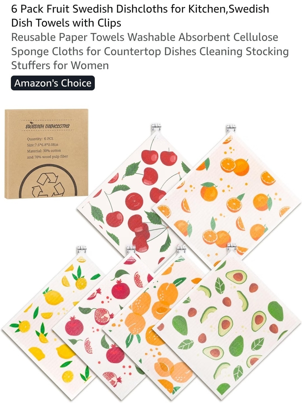 Fruit Print Swedish Dishcloths - 6 Pack (Multi-Color) Pattern Varies **